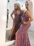 Purple Mermaid V Neck Lace Appliques Slit Prom Dresses LBQ2424